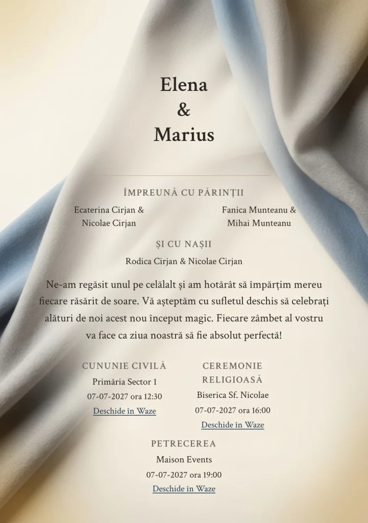 Fundalul Cașmir de Safir, pentru invitații de nuntă, se remarcă prin fald amplu de cașmir cu accent safir și accente de fildeș untos, gri cașmir și albastru prusac pal.