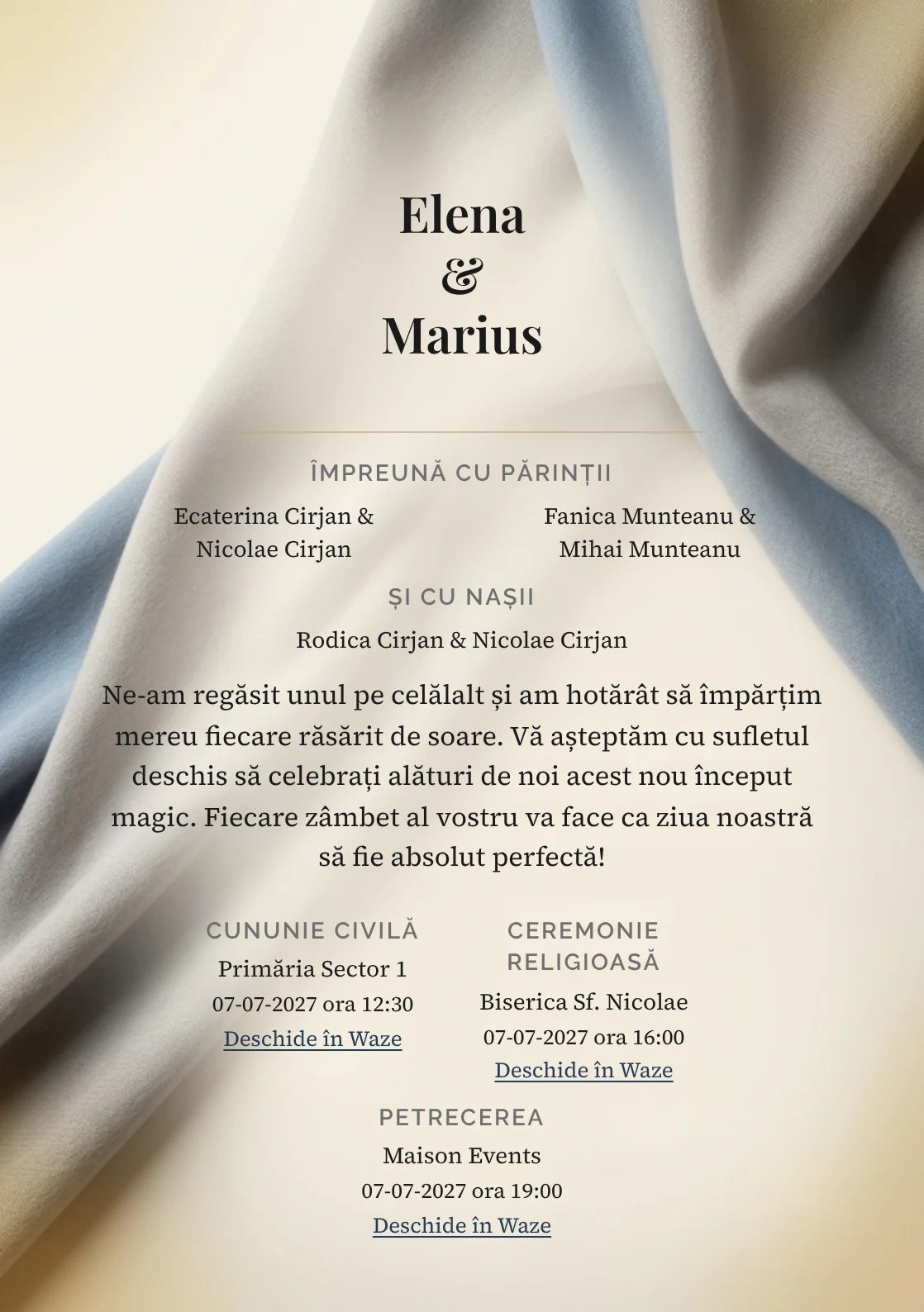 Fundalul Cașmir de Safir, pentru invitații de nuntă, se remarcă prin fald amplu de cașmir cu accent safir și accente de fildeș untos, gri cașmir și albastru prusac pal.