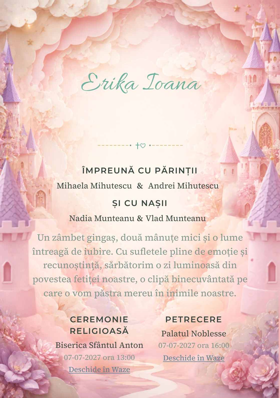 Castel de Hârtie propune, din gama de invitații digitale botez, un castel pastel construit din straturi de hârtie și turnuri, porți și nori decupați.