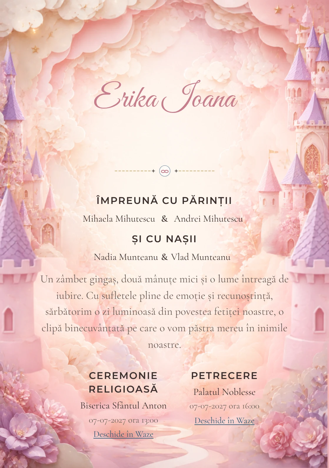Castel de Hârtie propune, din gama de invitații digitale botez, un castel pastel construit din straturi de hârtie și turnuri, porți și nori decupați.