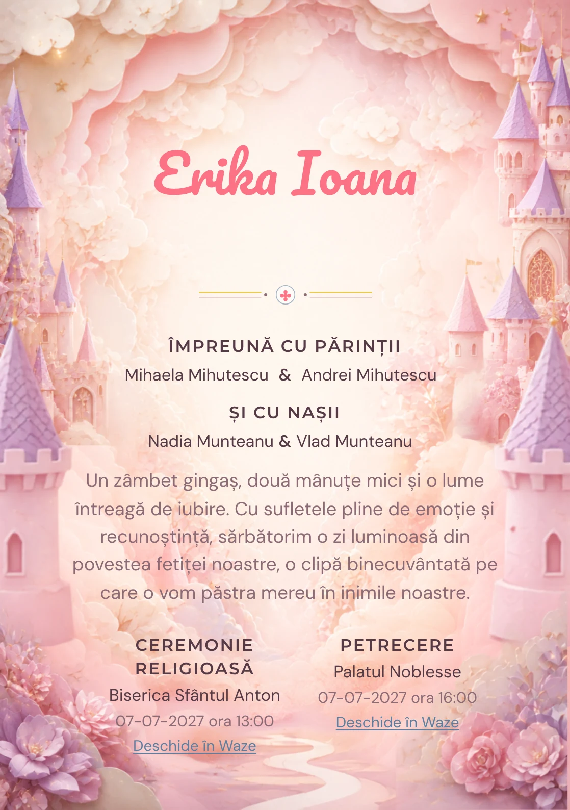 Castel de Hârtie propune, din gama de invitații digitale botez, un castel pastel construit din straturi de hârtie și turnuri, porți și nori decupați.