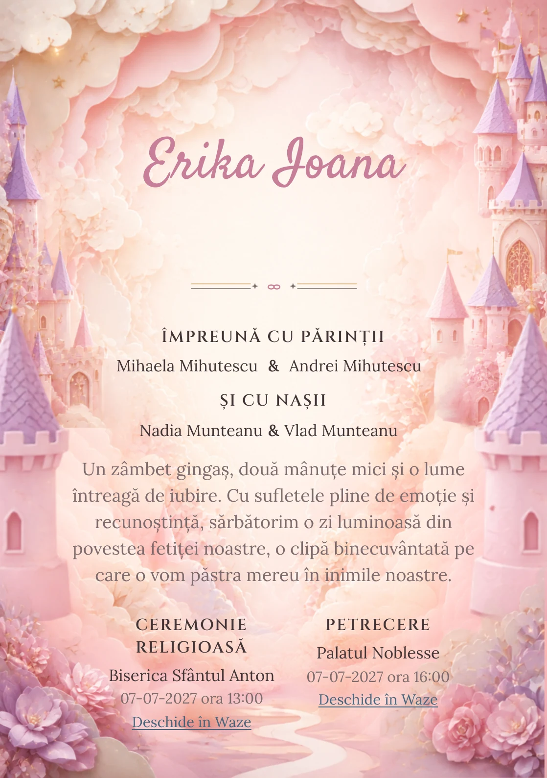 Castel de Hârtie propune, din gama de invitații digitale botez, un castel pastel construit din straturi de hârtie și turnuri, porți și nori decupați.