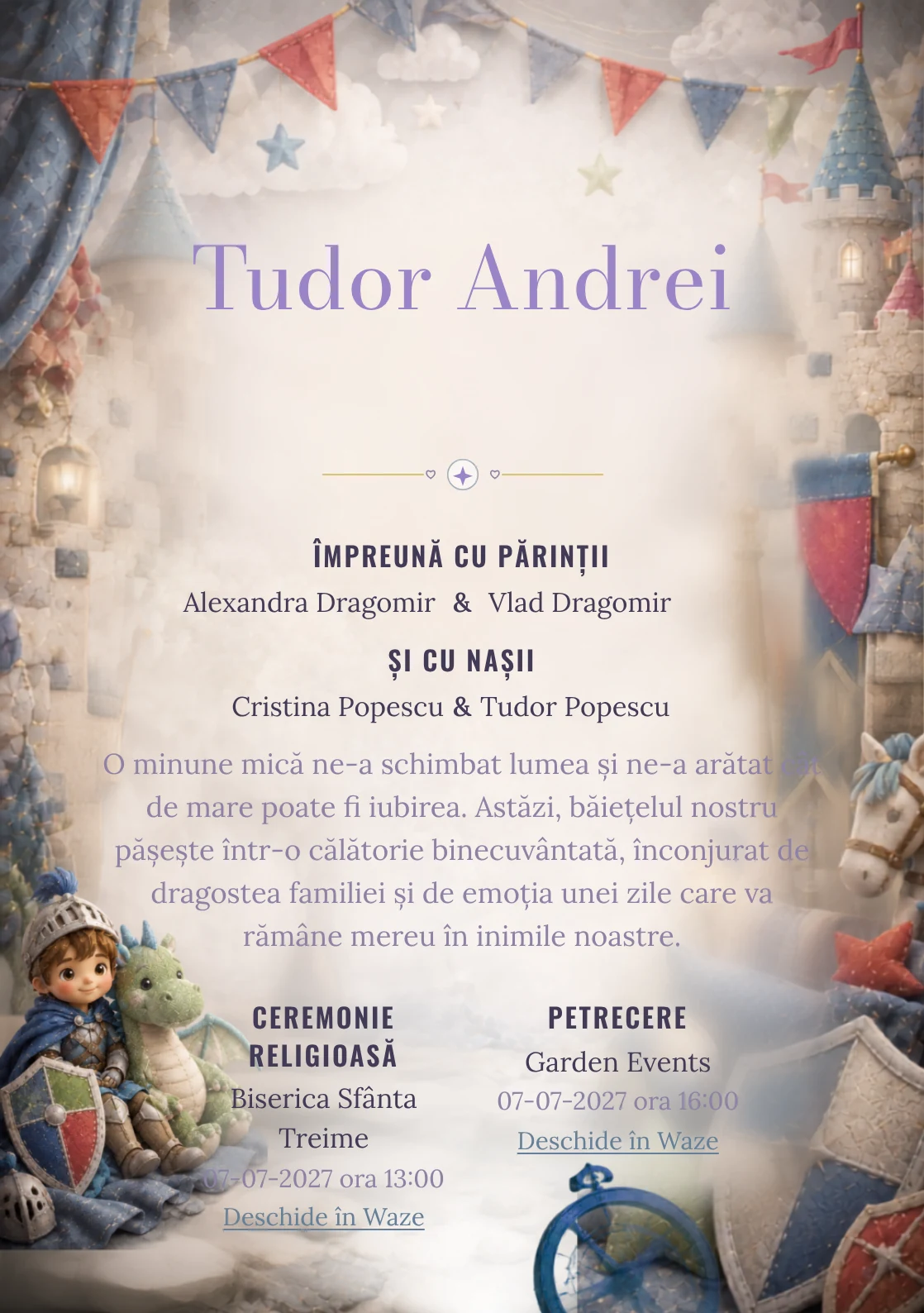 Cavalerul și Dragonul, pentru o invitație de botez, combină un cavaler copil cu un dragon, alături de scuturi moi și turnuri, într-o imagine coerentă de botez.