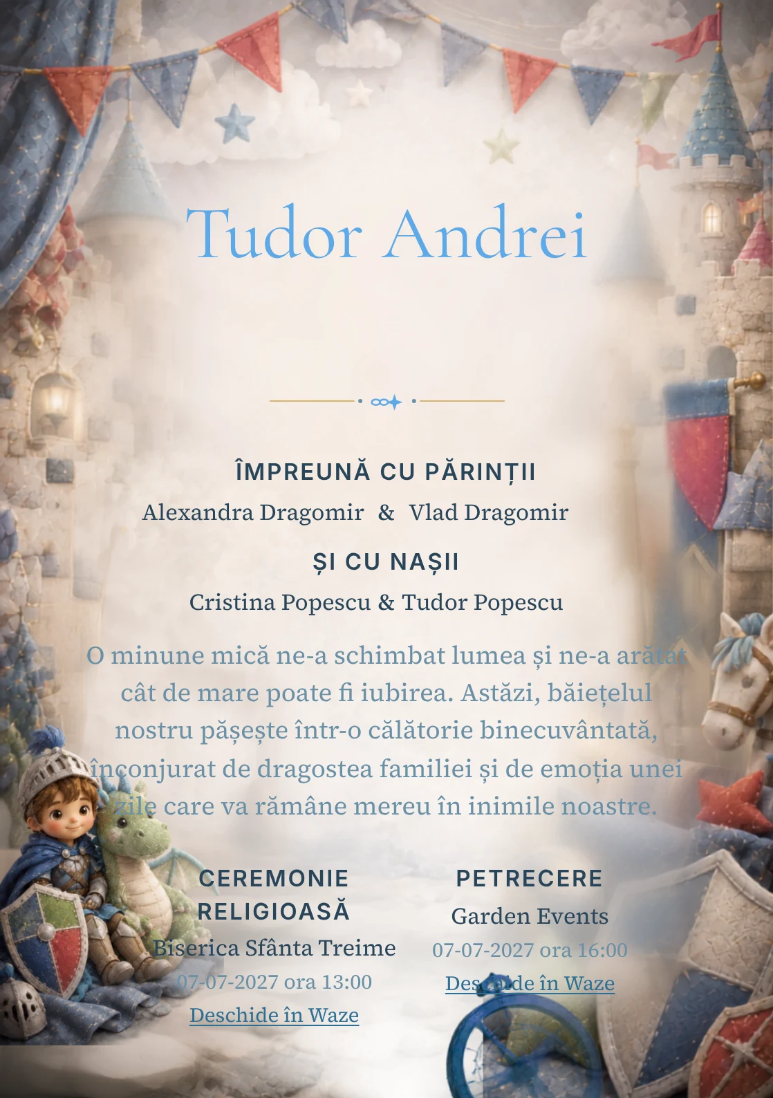 Cavalerul și Dragonul, pentru o invitație de botez, combină un cavaler copil cu un dragon, alături de scuturi moi și turnuri, într-o imagine coerentă de botez.