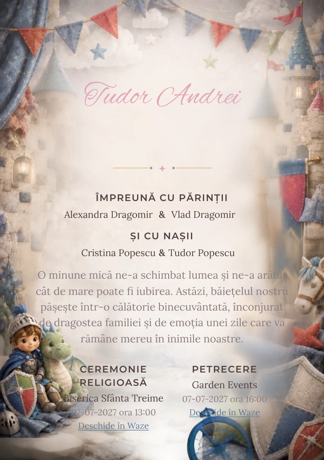 Cavalerul și Dragonul, pentru o invitație de botez, combină un cavaler copil cu un dragon, alături de scuturi moi și turnuri, într-o imagine coerentă de botez.