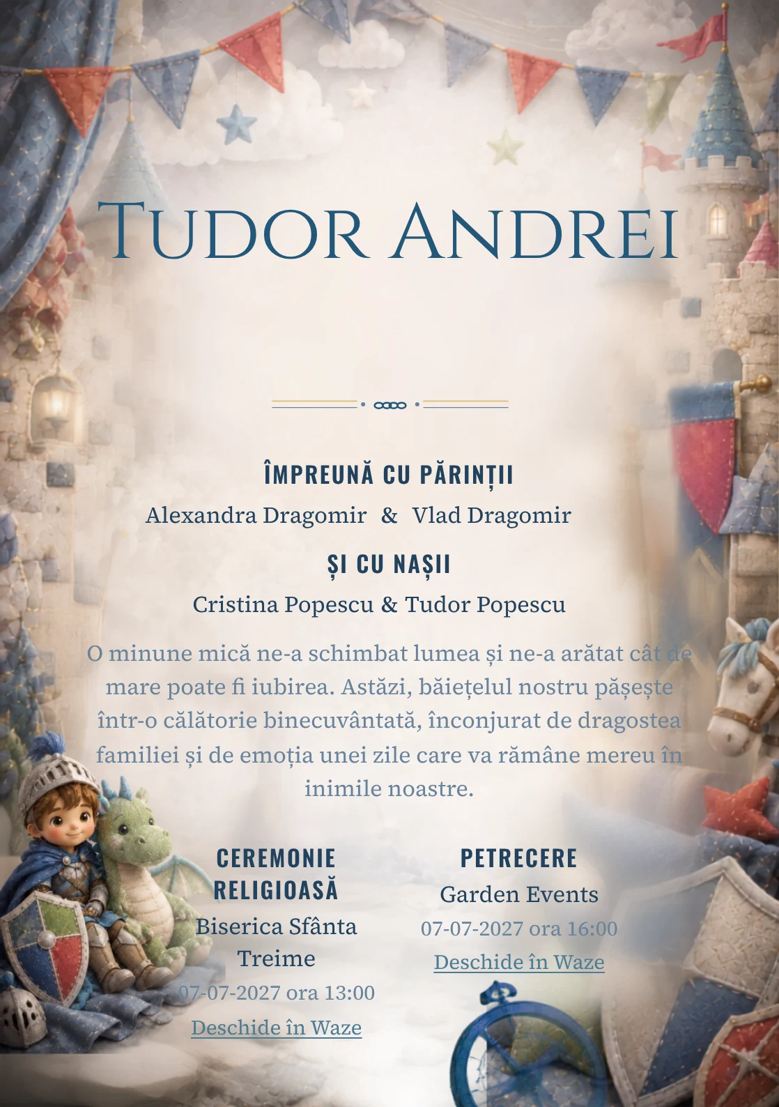 Cavalerul și Dragonul, pentru o invitație de botez, combină un cavaler copil cu un dragon, alături de scuturi moi și turnuri, într-o imagine coerentă de botez.