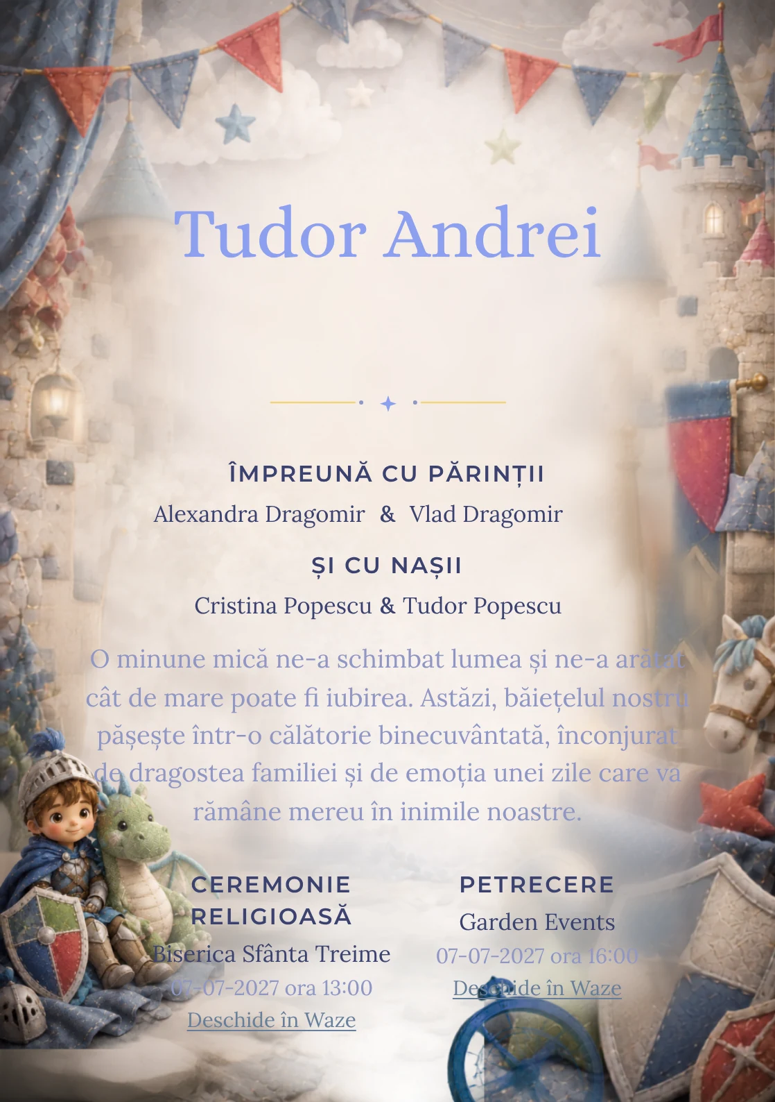 Cavalerul și Dragonul, pentru o invitație de botez, combină un cavaler copil cu un dragon, alături de scuturi moi și turnuri, într-o imagine coerentă de botez.