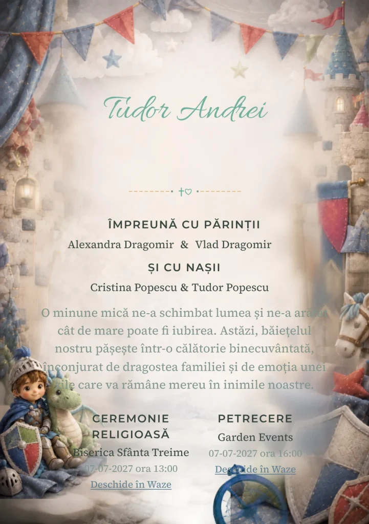 Cavalerul și Dragonul, pentru o invitație de botez, combină un cavaler copil cu un dragon, alături de scuturi moi și turnuri, într-o imagine coerentă de botez.