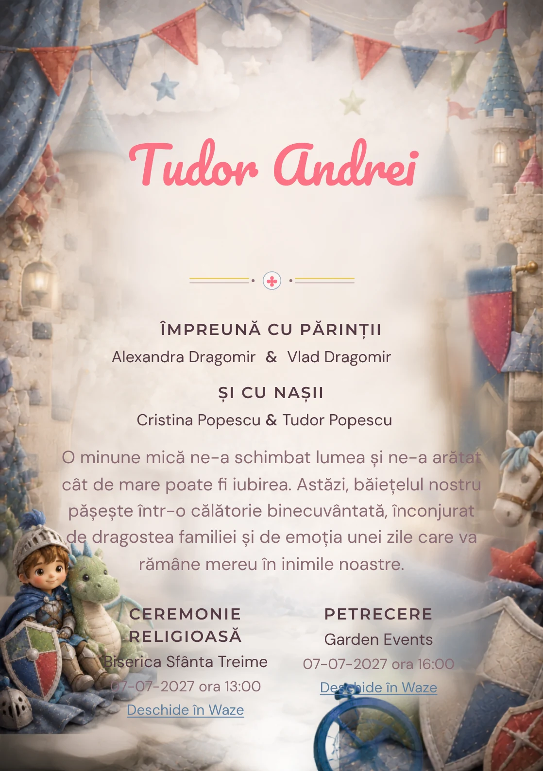 Cavalerul și Dragonul, pentru o invitație de botez, combină un cavaler copil cu un dragon, alături de scuturi moi și turnuri, într-o imagine coerentă de botez.