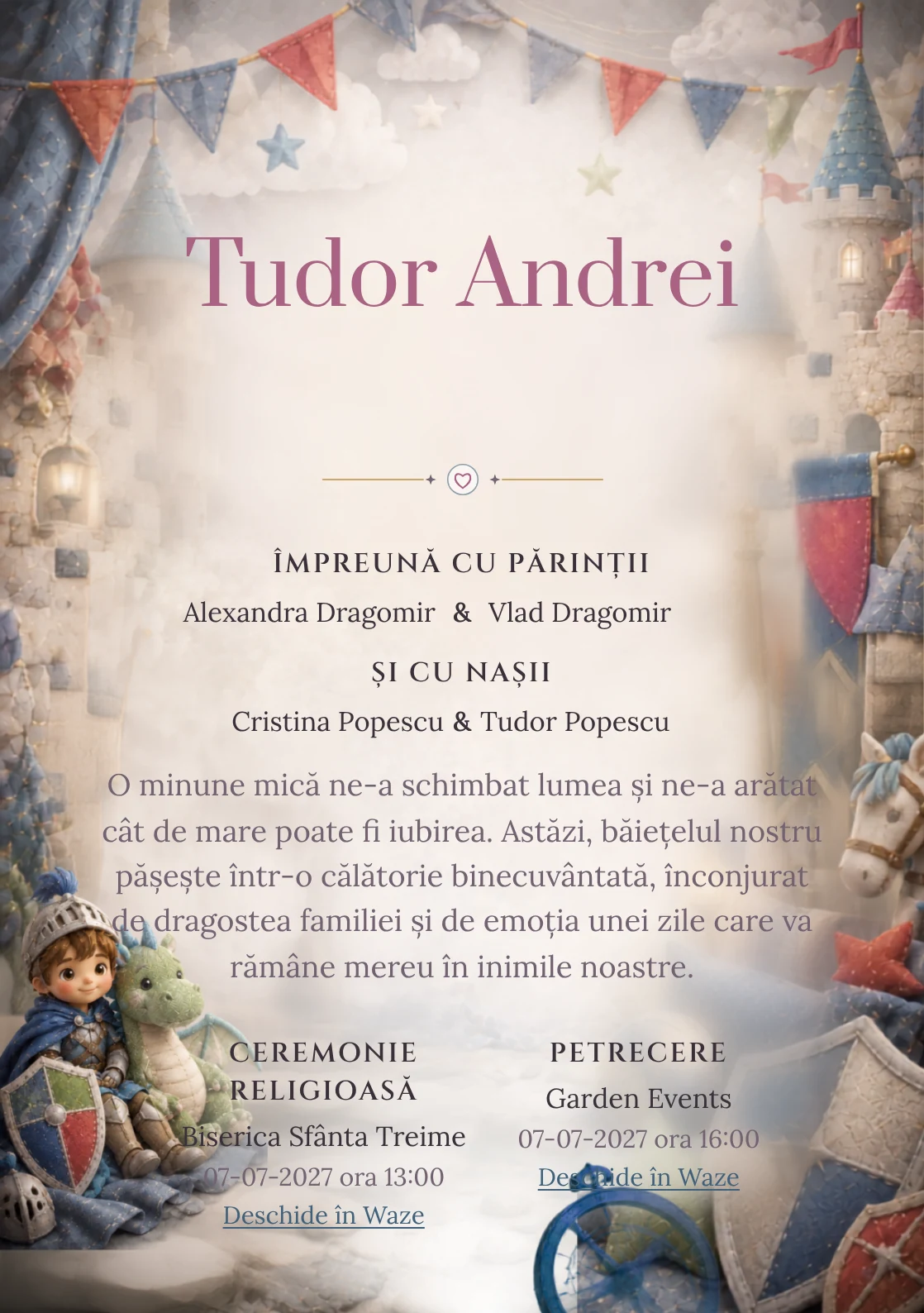 Cavalerul și Dragonul, pentru o invitație de botez, combină un cavaler copil cu un dragon, alături de scuturi moi și turnuri, într-o imagine coerentă de botez.