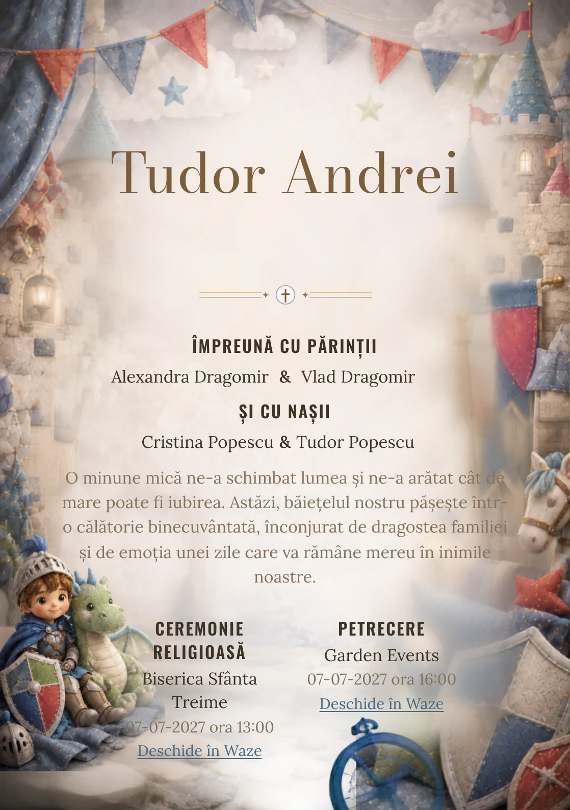 Cavalerul și Dragonul, pentru o invitație de botez, combină un cavaler copil cu un dragon, alături de scuturi moi și turnuri, într-o imagine coerentă de botez.