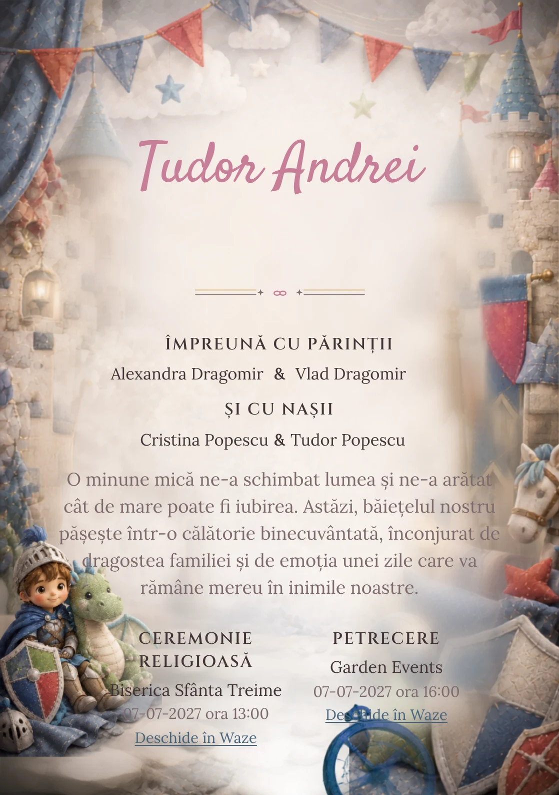 Cavalerul și Dragonul, pentru o invitație de botez, combină un cavaler copil cu un dragon, alături de scuturi moi și turnuri, într-o imagine coerentă de botez.