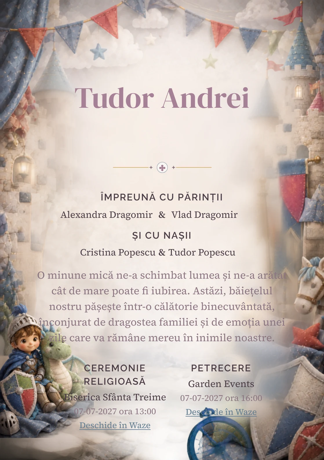 Cavalerul și Dragonul, pentru o invitație de botez, combină un cavaler copil cu un dragon, alături de scuturi moi și turnuri, într-o imagine coerentă de botez.