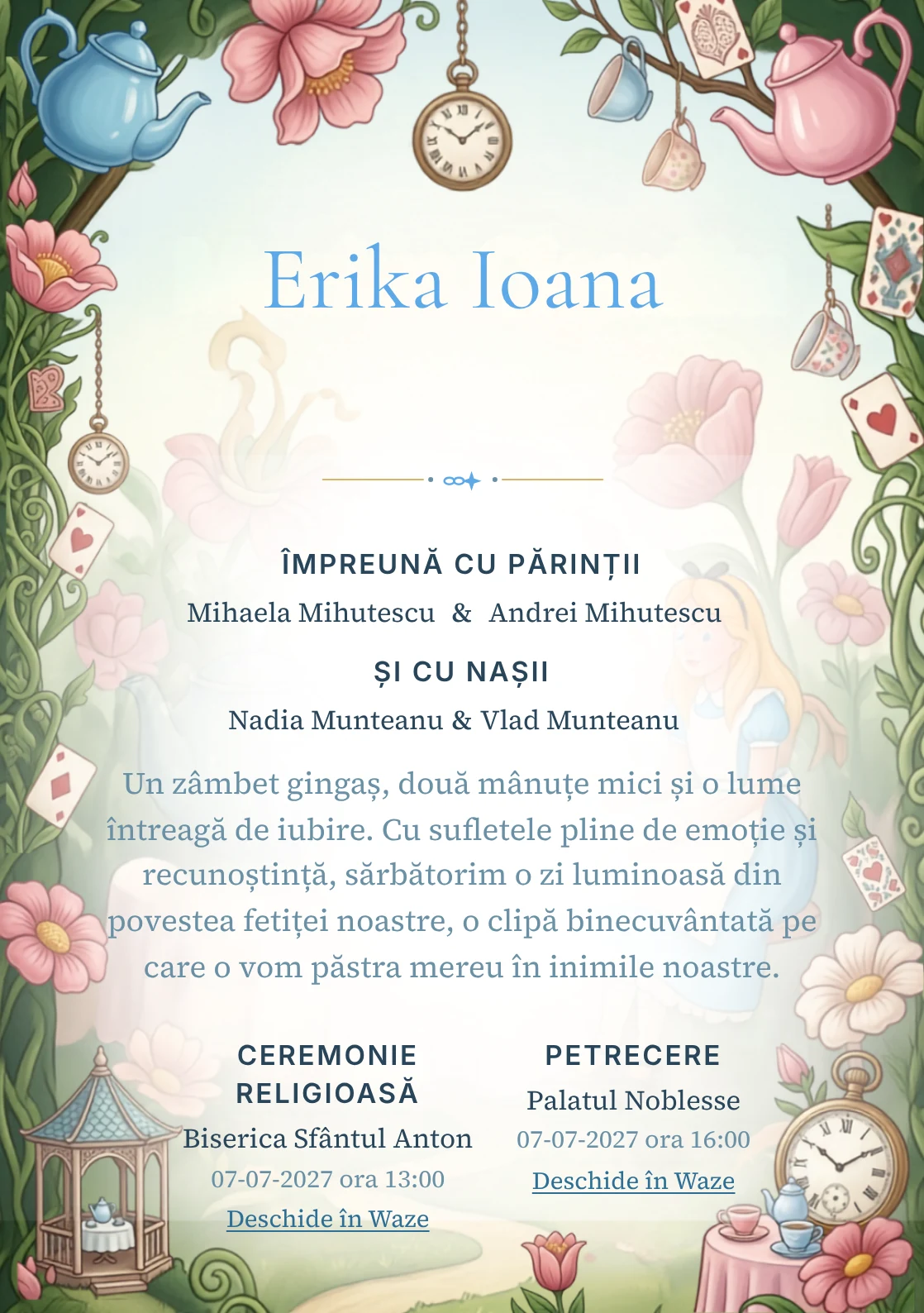 Imaginea Ceai în Țara Minunilor, pentru o invitație de botez, pune în valoare Alice într-o grădină de ceai, cu cești.