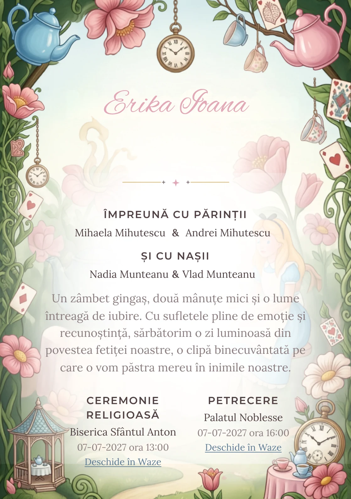 Imaginea Ceai în Țara Minunilor, pentru o invitație de botez, pune în valoare Alice într-o grădină de ceai, cu cești.