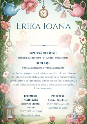Imaginea Ceai în Țara Minunilor, pentru o invitație de botez, pune în valoare Alice într-o grădină de ceai, cu cești.