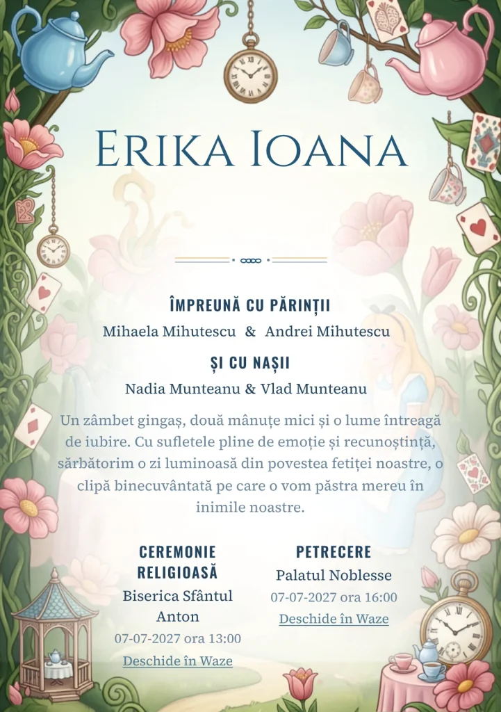 Imaginea Ceai în Țara Minunilor, pentru o invitație de botez, pune în valoare Alice într-o grădină de ceai, cu cești.
