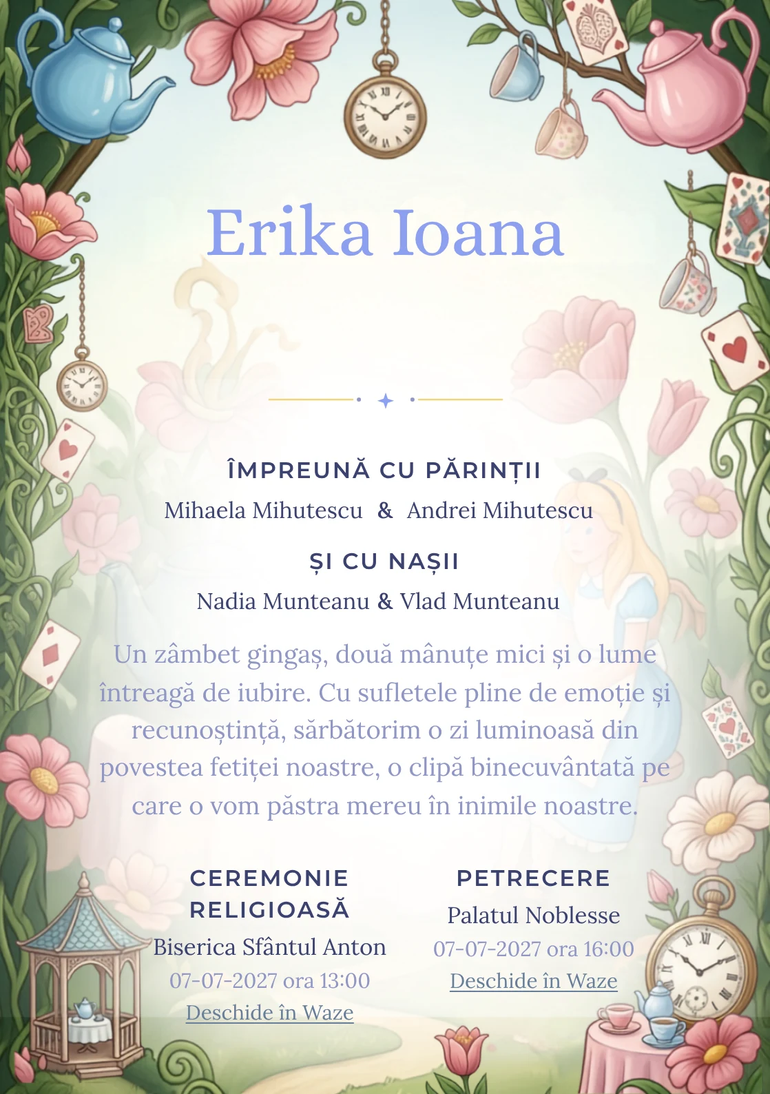 Imaginea Ceai în Țara Minunilor, pentru o invitație de botez, pune în valoare Alice într-o grădină de ceai, cu cești.