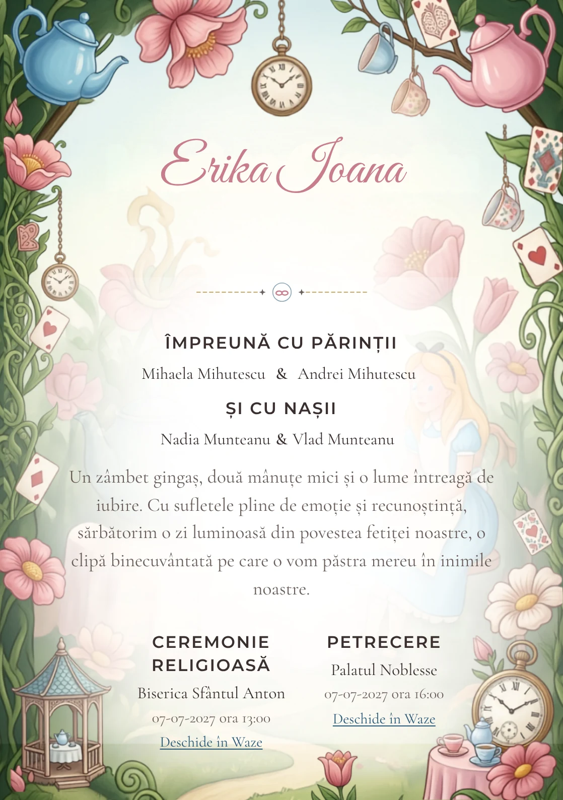 Imaginea Ceai în Țara Minunilor, pentru o invitație de botez, pune în valoare Alice într-o grădină de ceai, cu cești.