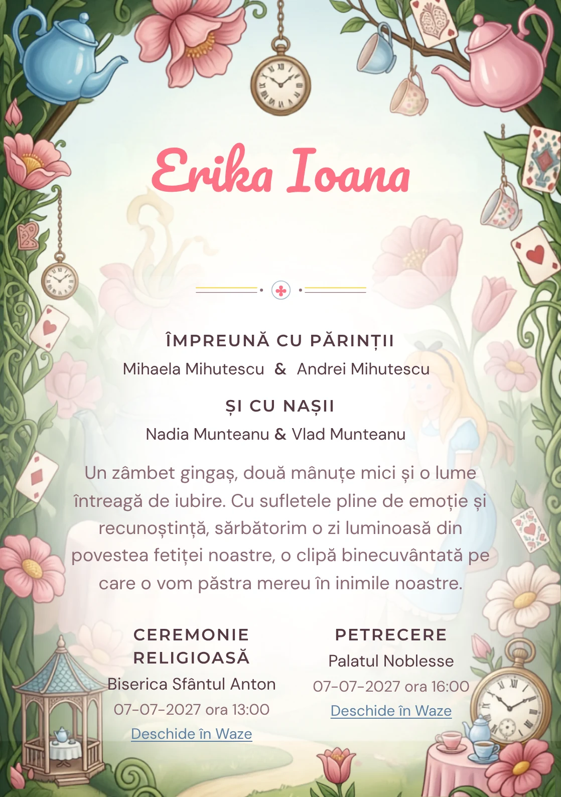 Imaginea Ceai în Țara Minunilor, pentru o invitație de botez, pune în valoare Alice într-o grădină de ceai, cu cești.