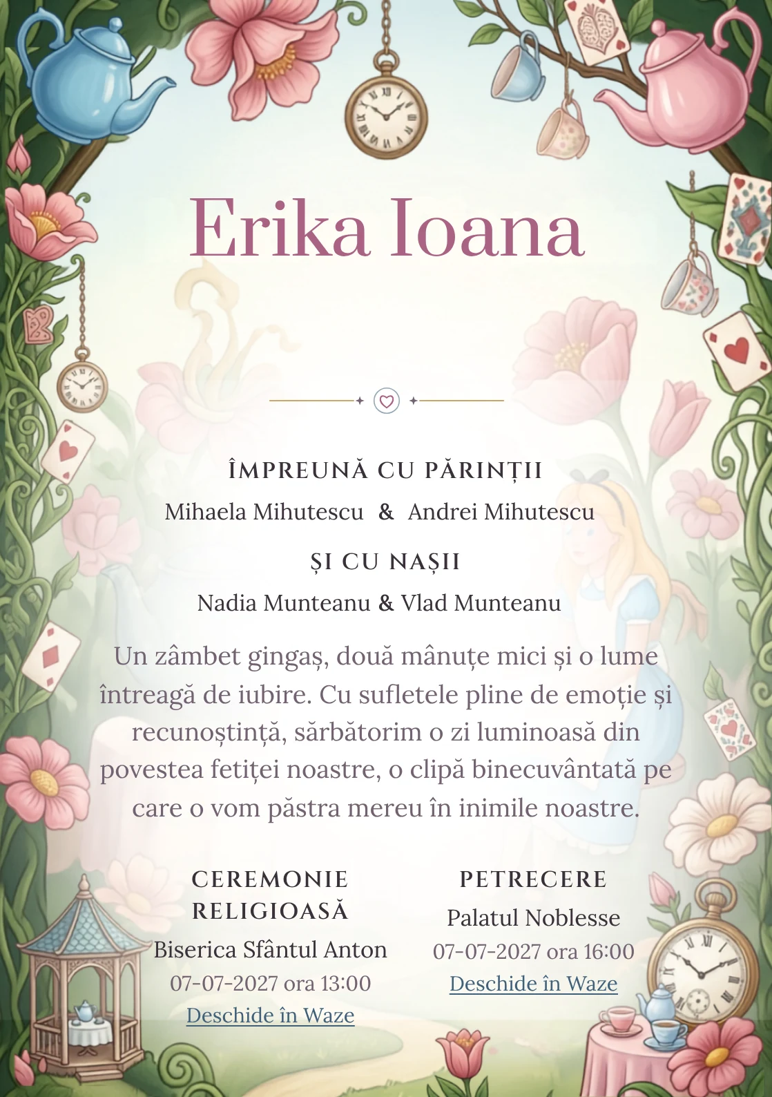 Imaginea Ceai în Țara Minunilor, pentru o invitație de botez, pune în valoare Alice într-o grădină de ceai, cu cești.