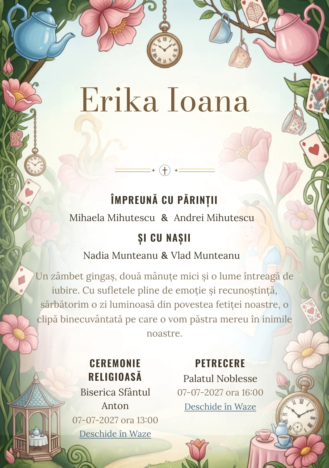 Imaginea Ceai în Țara Minunilor, pentru o invitație de botez, pune în valoare Alice într-o grădină de ceai, cu cești.