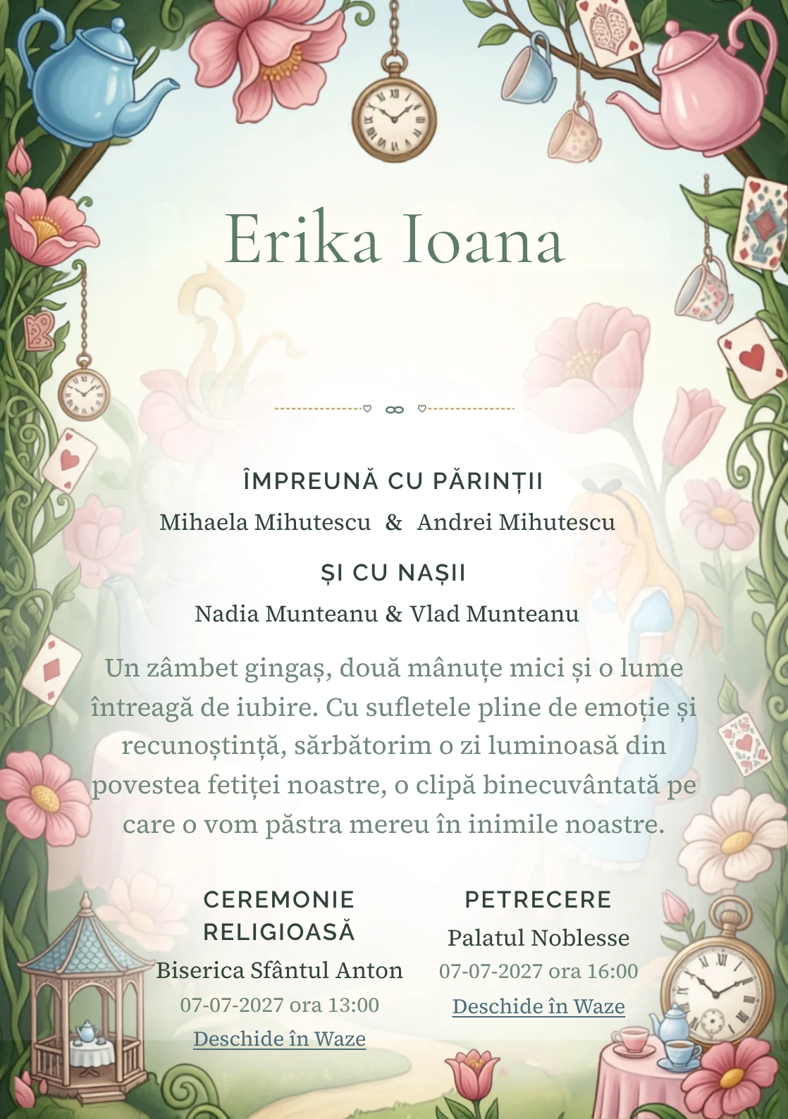 Imaginea Ceai în Țara Minunilor, pentru o invitație de botez, pune în valoare Alice într-o grădină de ceai, cu cești.