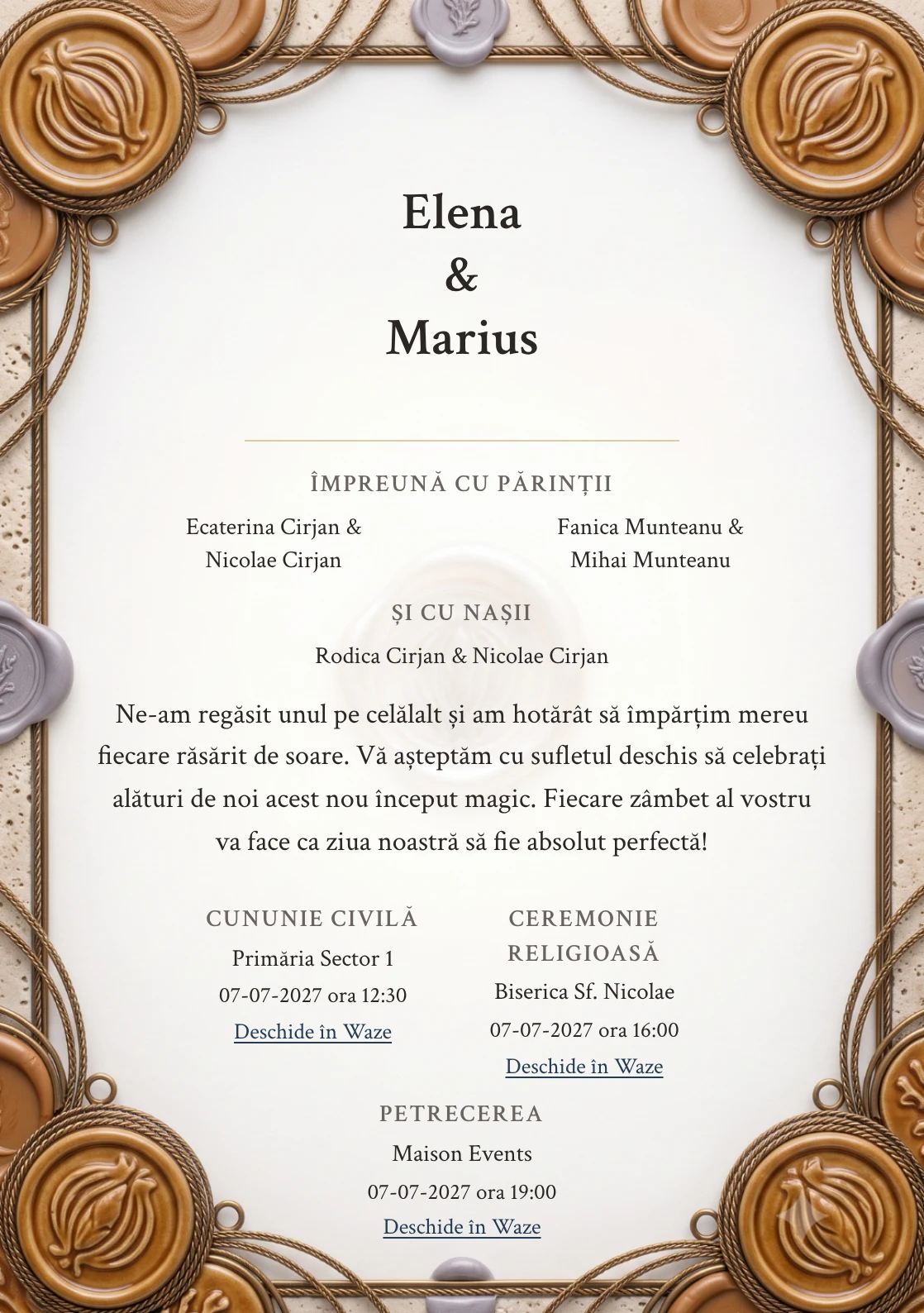 Ceară de Caramel, în colecția de invitații nuntă, are ca reper vizual medalion ceramic caramel, în nuanțe de ceară caramel, hârtie piatră și lila cenușiu.