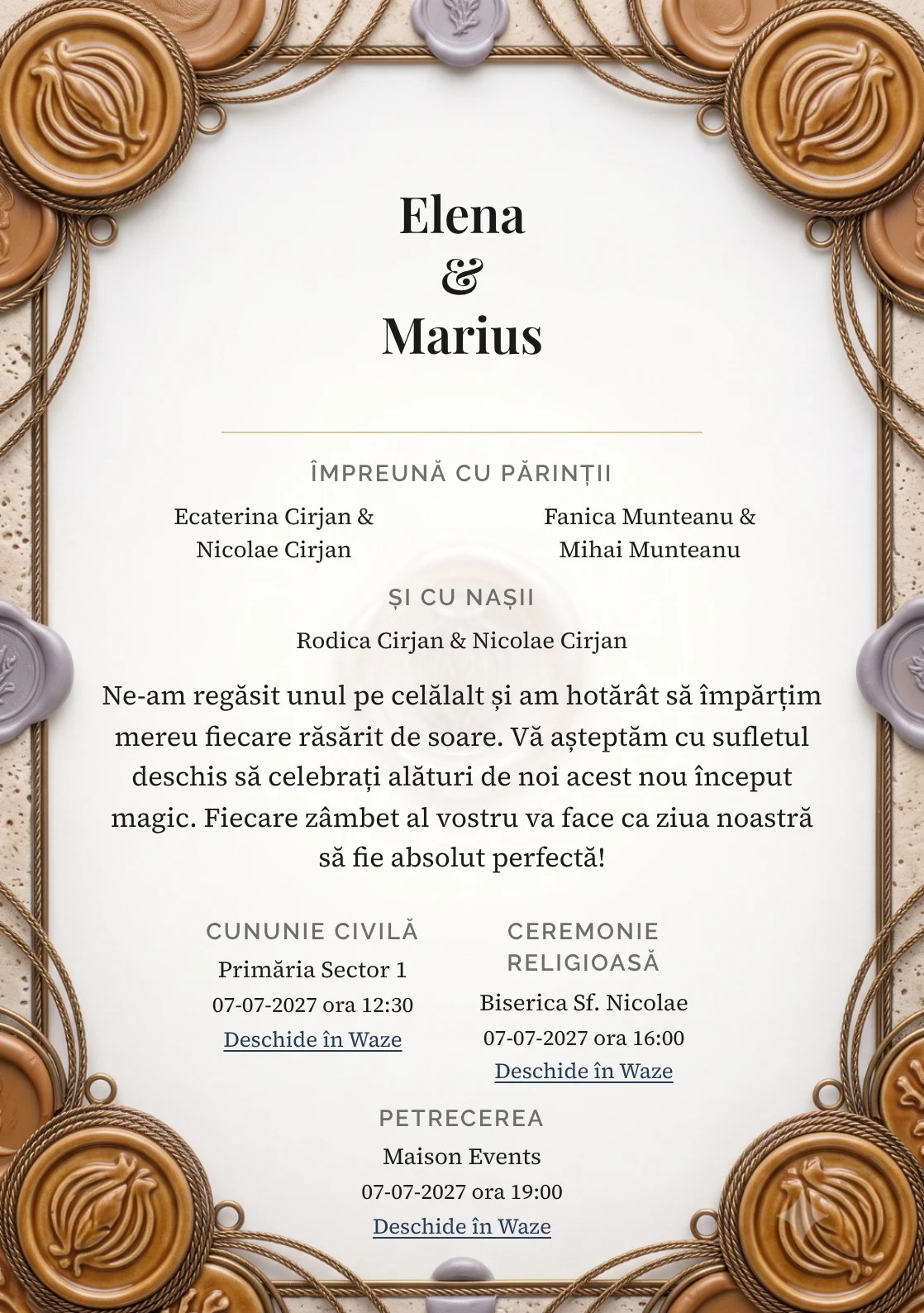 Ceară de Caramel, în colecția de invitații nuntă, are ca reper vizual medalion ceramic caramel, în nuanțe de ceară caramel, hârtie piatră și lila cenușiu.