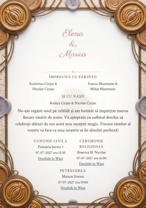 Ceară de Caramel, în colecția de invitații nuntă, are ca reper vizual medalion ceramic caramel, în nuanțe de ceară caramel, hârtie piatră și lila cenușiu.