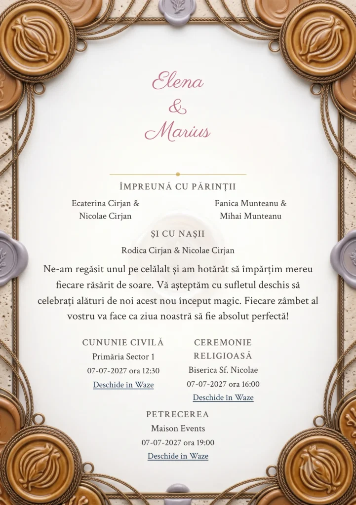 Ceară de Caramel, în colecția de invitații nuntă, are ca reper vizual medalion ceramic caramel, în nuanțe de ceară caramel, hârtie piatră și lila cenușiu.