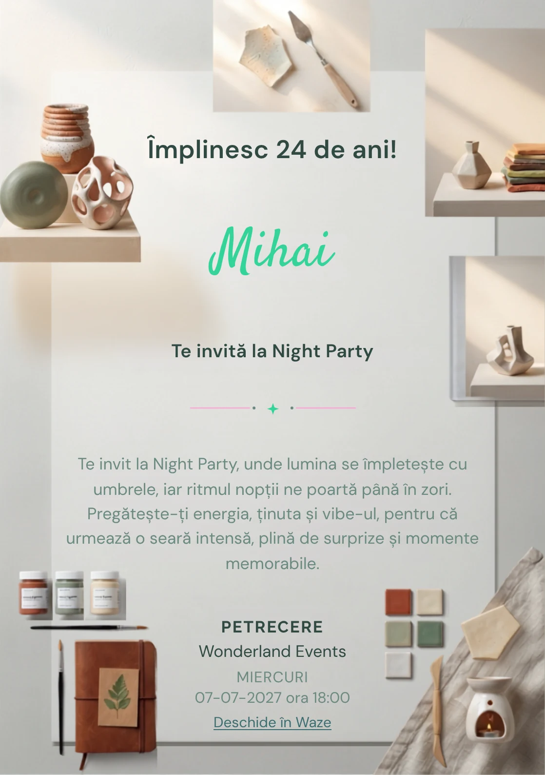 Pentru aniversările adulților, Ceramică Modernă propune invitații online cu trei forme ceramice asimetrice și nuanțe de nisipiu și alb cald.