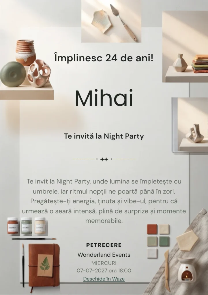 Pentru aniversările adulților, Ceramică Modernă propune invitații online cu trei forme ceramice asimetrice și nuanțe de nisipiu și alb cald.