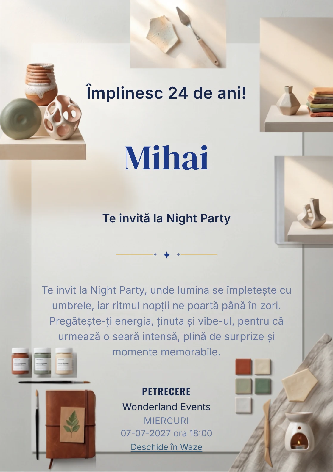 Pentru aniversările adulților, Ceramică Modernă propune invitații online cu trei forme ceramice asimetrice și nuanțe de nisipiu și alb cald.