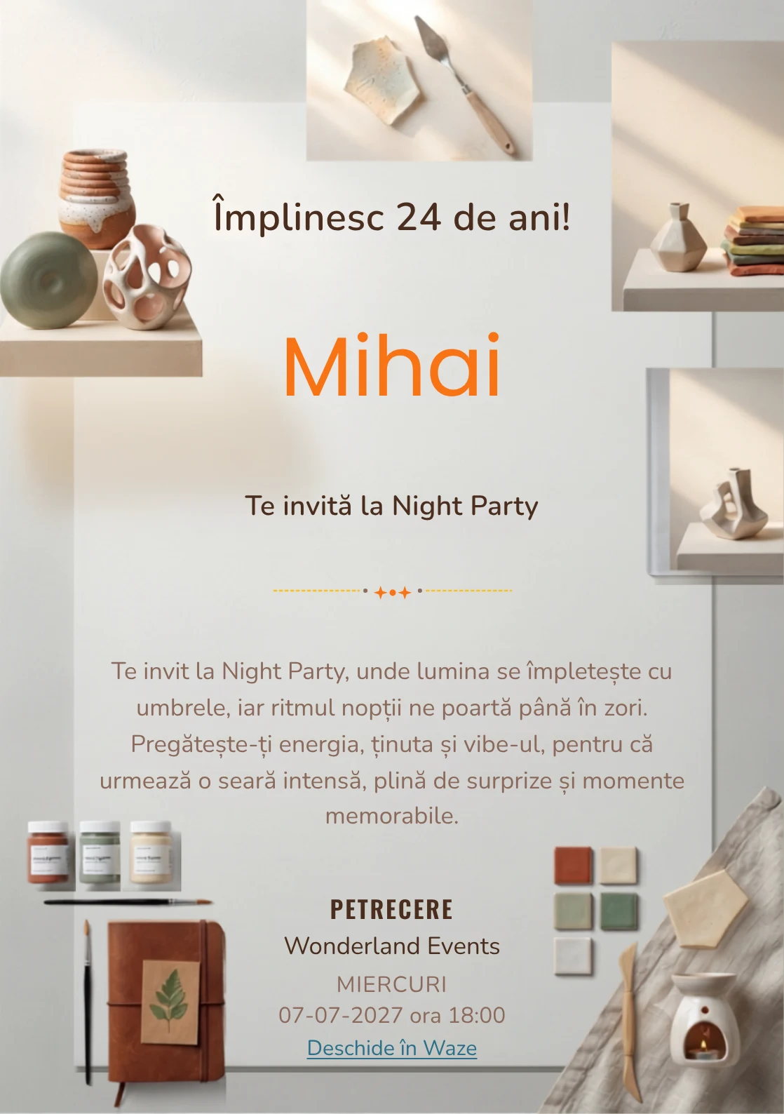 Pentru aniversările adulților, Ceramică Modernă propune invitații online cu trei forme ceramice asimetrice și nuanțe de nisipiu și alb cald.