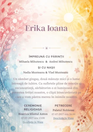 Cercul Anotimpurilor, din gama de invitații botez, evidențiază patru câmpuri concentrice care sugerează anotimpurile, alături de frunze și raze.