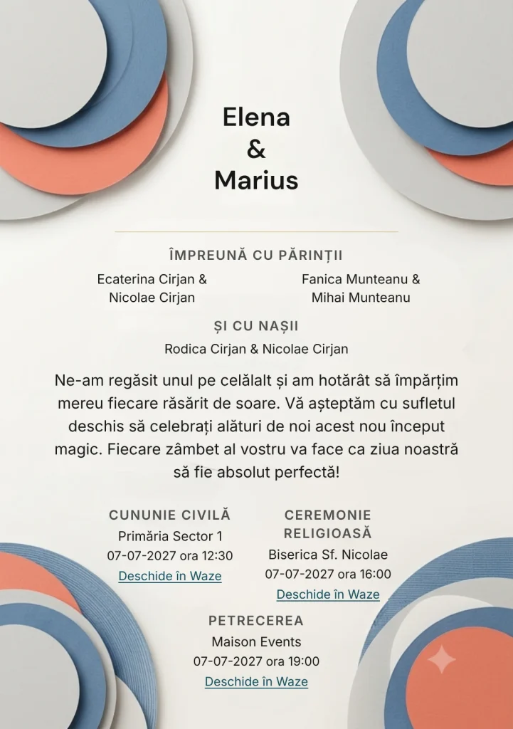 Cercuri de Hârtie, pentru o invitație de nuntă, pune accent pe cercuri mari stratificate din hârtie, alături de tonuri de gri ciment deschis și ivory neutru.
