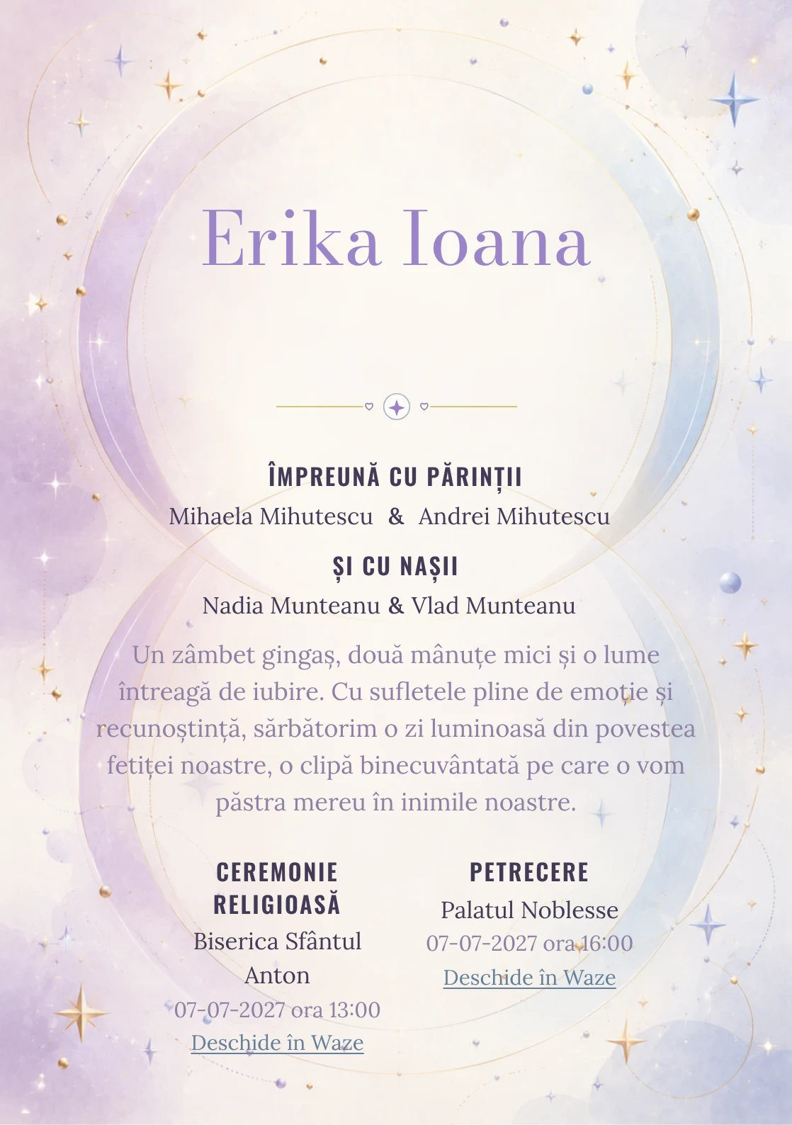 Cercuri Gemene propune, din gama de invitații botez, două cercuri mari care se intersectează și steluțe, puncte și arcuri fine.