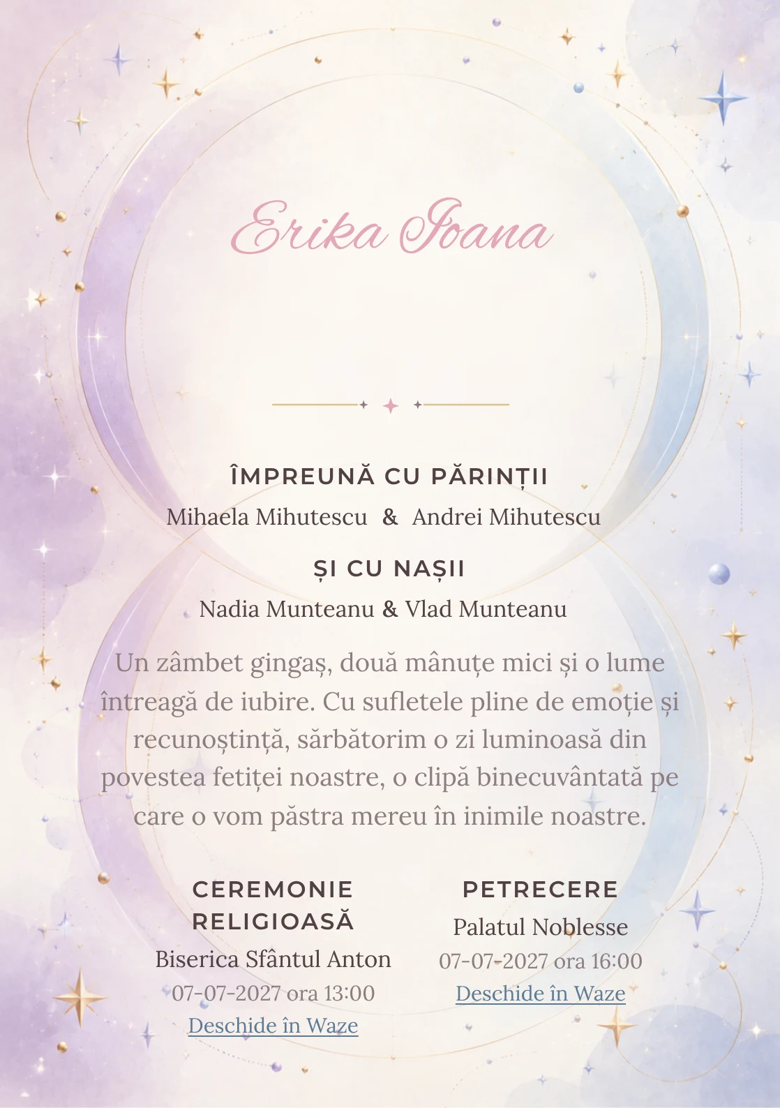 Cercuri Gemene propune, din gama de invitații botez, două cercuri mari care se intersectează și steluțe, puncte și arcuri fine.