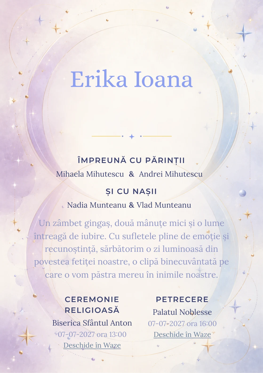 Cercuri Gemene propune, din gama de invitații botez, două cercuri mari care se intersectează și steluțe, puncte și arcuri fine.