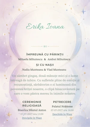 Cercuri Gemene propune, din gama de invitații botez, două cercuri mari care se intersectează și steluțe, puncte și arcuri fine.