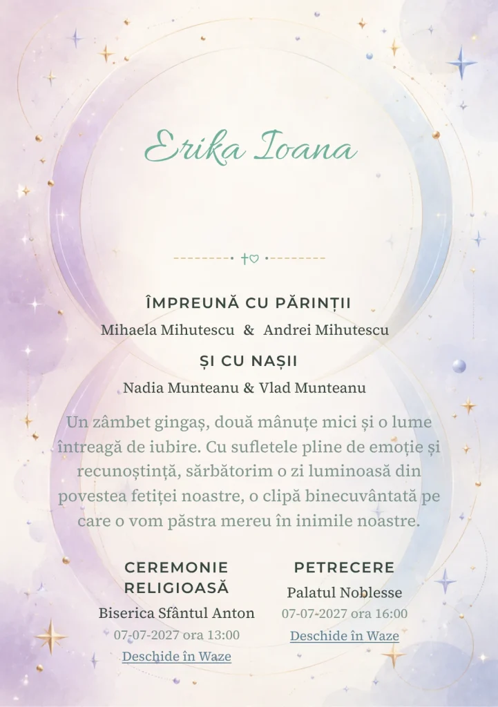 Cercuri Gemene propune, din gama de invitații botez, două cercuri mari care se intersectează și steluțe, puncte și arcuri fine.