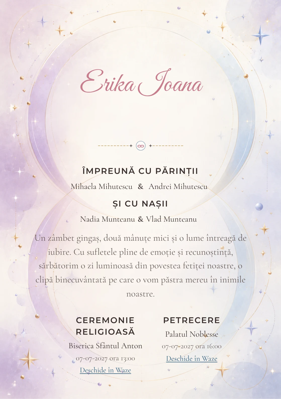Cercuri Gemene propune, din gama de invitații botez, două cercuri mari care se intersectează și steluțe, puncte și arcuri fine.