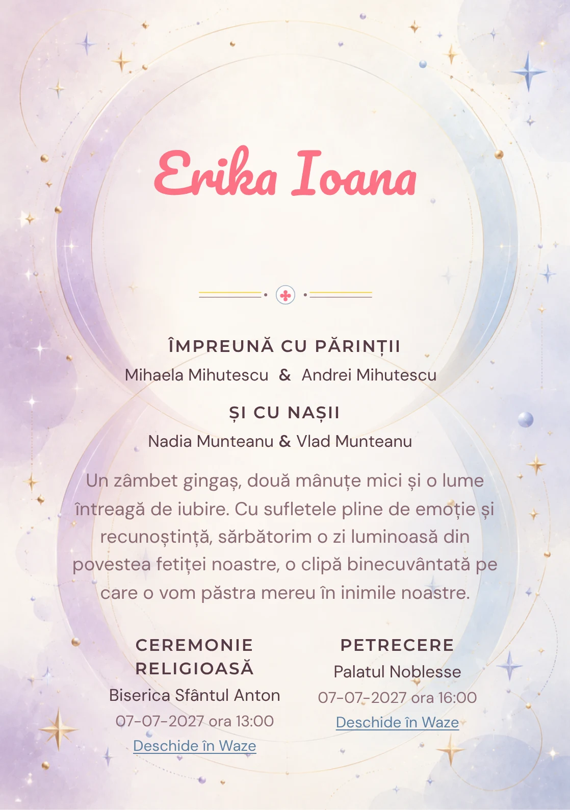 Cercuri Gemene propune, din gama de invitații botez, două cercuri mari care se intersectează și steluțe, puncte și arcuri fine.