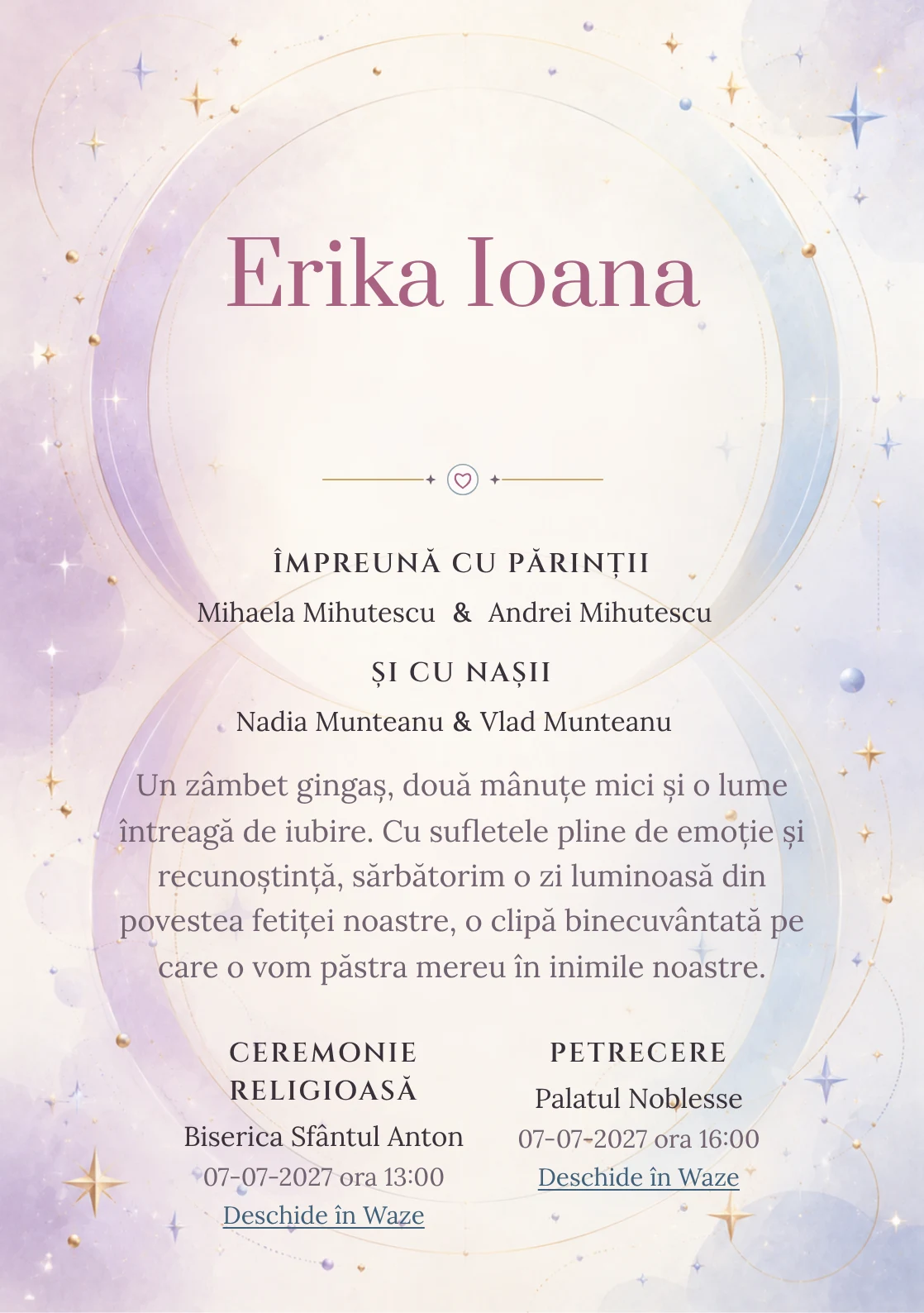 Cercuri Gemene propune, din gama de invitații botez, două cercuri mari care se intersectează și steluțe, puncte și arcuri fine.
