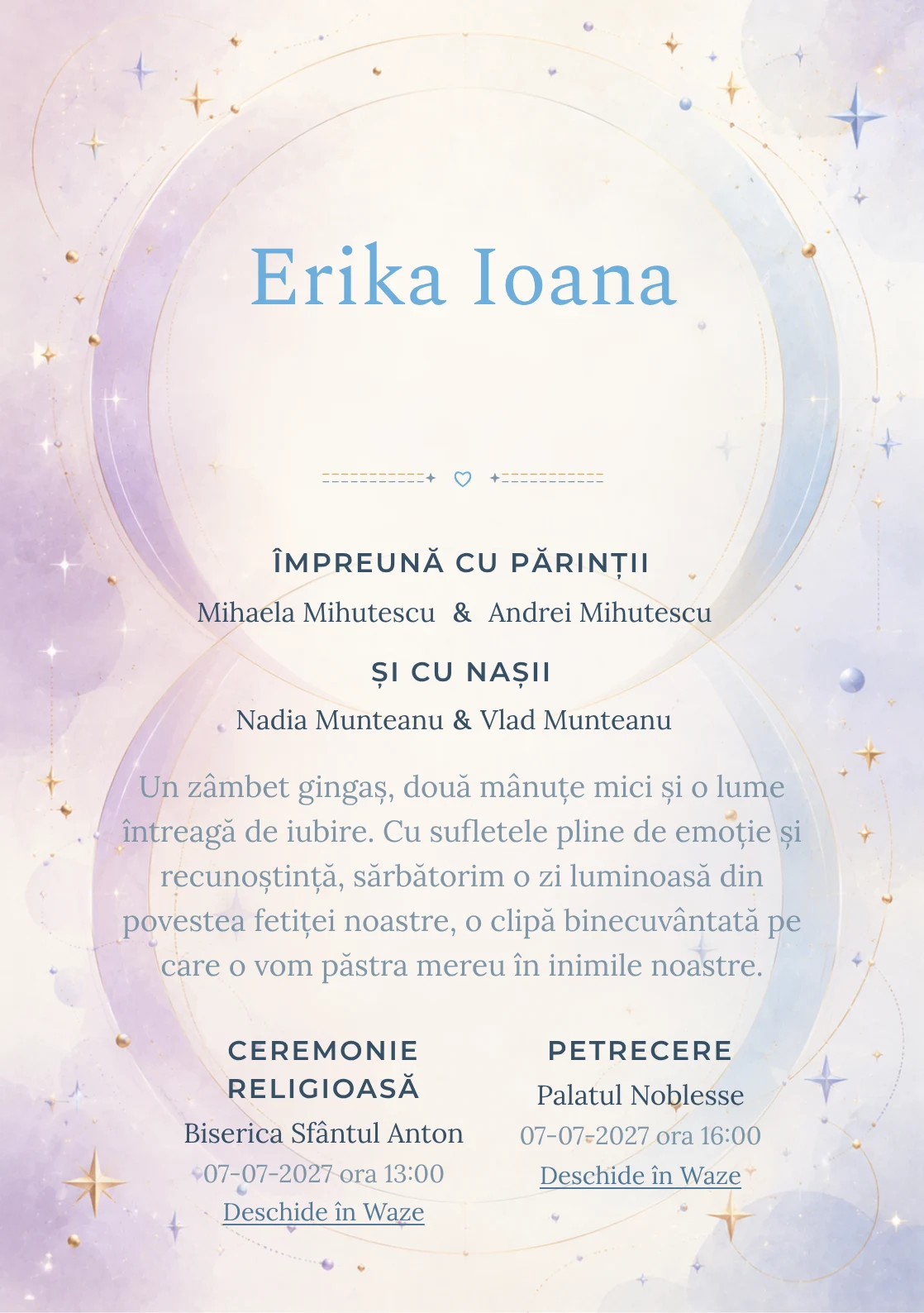 Cercuri Gemene propune, din gama de invitații botez, două cercuri mari care se intersectează și steluțe, puncte și arcuri fine.