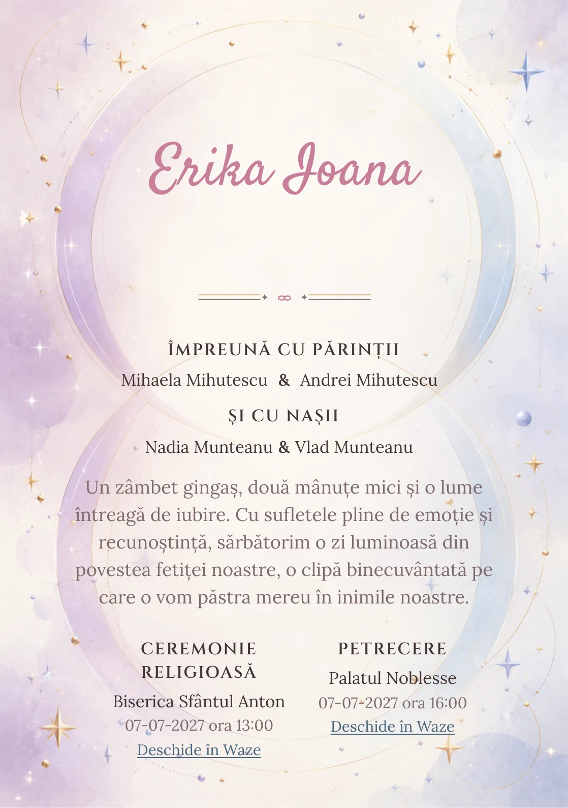Cercuri Gemene propune, din gama de invitații botez, două cercuri mari care se intersectează și steluțe, puncte și arcuri fine.