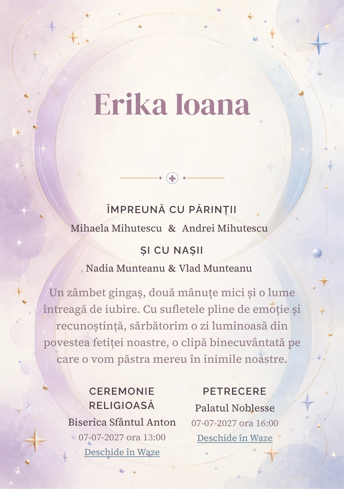 Cercuri Gemene propune, din gama de invitații botez, două cercuri mari care se intersectează și steluțe, puncte și arcuri fine.