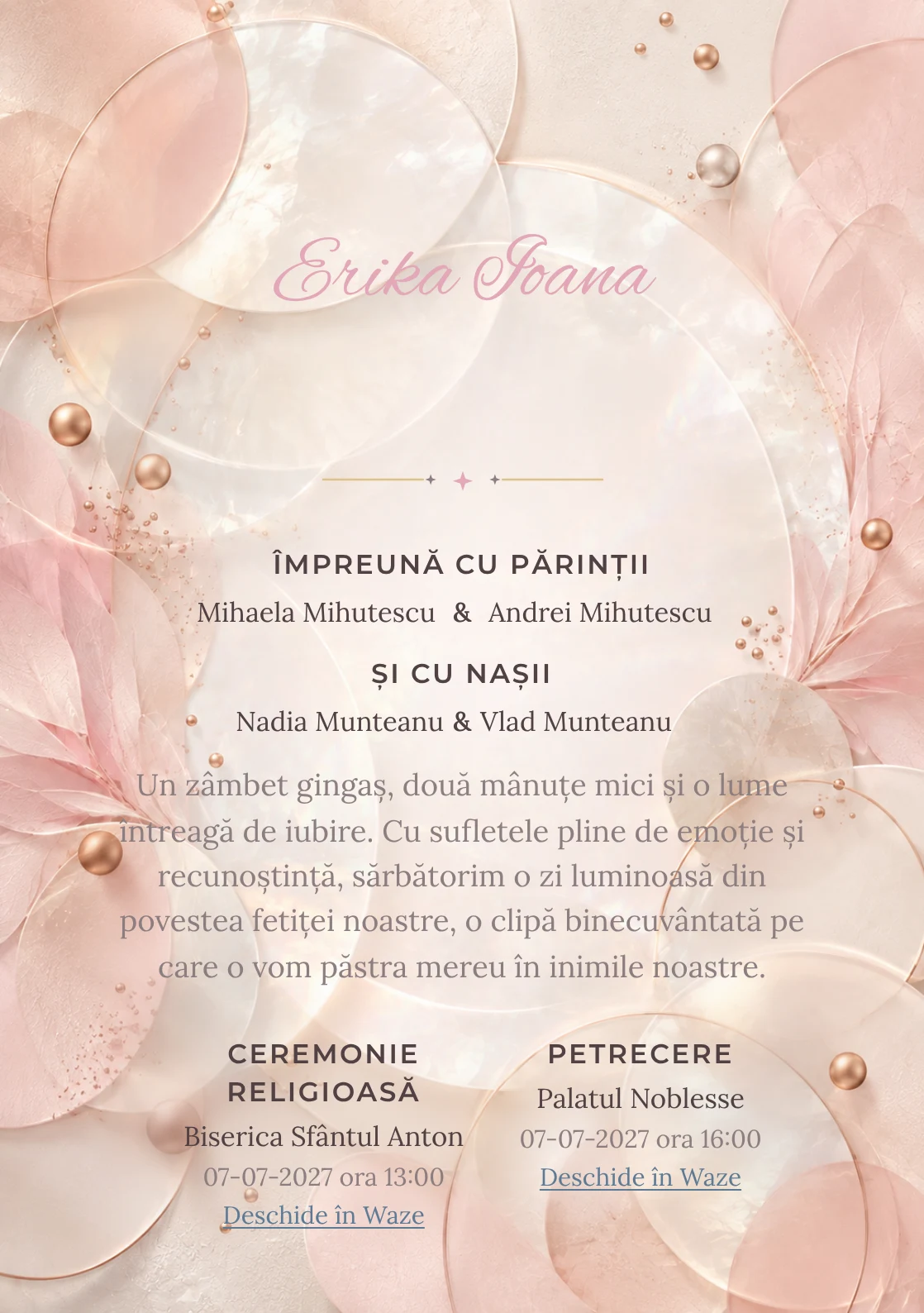 Cercuri Sidefate, pentru o invitație de botez, evidențiază cercuri sidefate suprapuse cu petale abstracte, alături de puncte bronz și suprafețe mate.