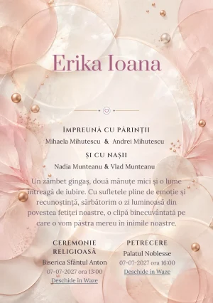 Cercuri Sidefate, pentru o invitație de botez, evidențiază cercuri sidefate suprapuse cu petale abstracte, alături de puncte bronz și suprafețe mate.